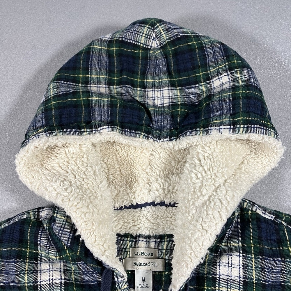 LL Bean Relaxed Fit Sherpa Lined Plaid Flannel Hoodie Jacket Green Cream Women M - Picture 3 of 9